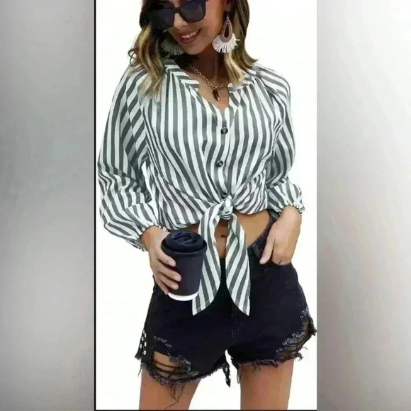 Zeagoo Button Down V Neck Tie Knot Cotton Long Sleeve Casual Blouse Size Medium - Picture 1 of 16